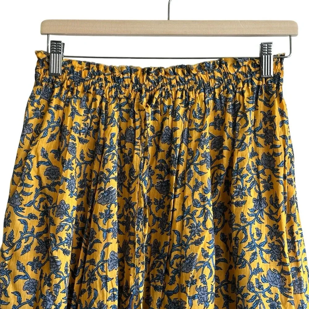 Zara Midi Skirt Sz S Floral Flowy Cotton Mustard Yellow India Boho Unlined